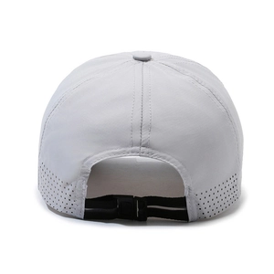 Light gray quick-dry baseball cap featuring breathable laser-cut holes and adjustable strap