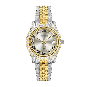Luxuriöse Damen Quarzuhr in Gold und Silber mit Kristalldiamanten und Datumsanzeige