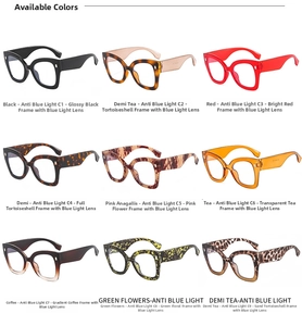 Detailed grid view of cat eye anti-blue light glasses in nine various stylish colors