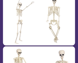 Detailed views of a 165cm posable Halloween skeleton showing flexible joints and poses