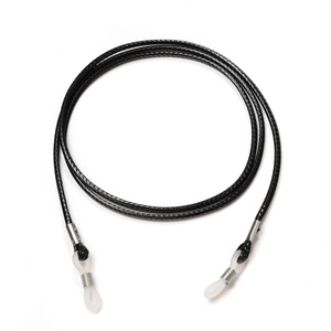 Black braided eyewear lanyard with silver metal clips and silicone loops on white background