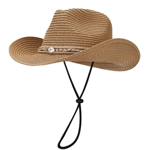Summer outdoor wide brim straw cowboy hat with decorative shell band and wind chin cord