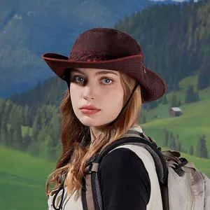 Chapeau de soleil d'extérieur marron rouge à large bord avec mentonnière réglable de randonnée