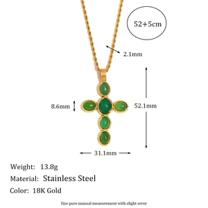 18K gold plated stainless steel necklace with emerald cross pendant and size details