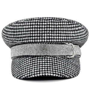 Classic houndstooth baker boy hat with silver rhinestones and metal buckle detail