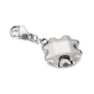 Polished silver stainless steel clover pendant with lobster clasp on white background