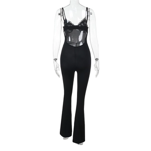 Detailed back view of sexy black lace jumpsuit featuring open back and flared legs