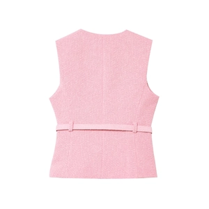 Pink tweed vest for women featuring an elegant back waist belt and textured woven fabric