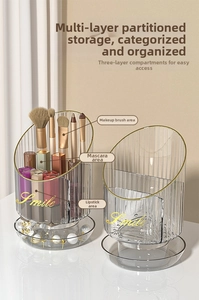 Close-up of rotating acrylic makeup brush holder with tiered storage compartments