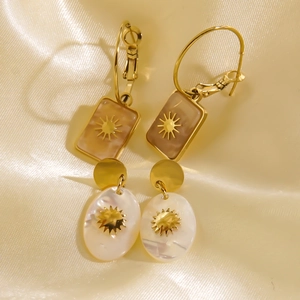 French style stainless steel sun earrings with natural stone and shell inlays