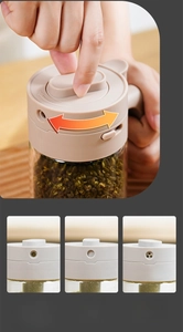 Detail of adjustable kitchen spice jar lid showing different dispensing modes for seasoning
