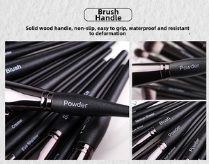 Detail of matte black wood makeup brush handle with non-slip texture and metal ferrule