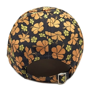 Detailed back view of floral baseball cap with adjustable metal buckle and hibiscus print