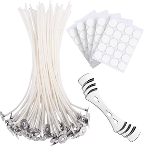 Candle making kit with cotton wicks, adhesive stickers, and stainless steel centering tool