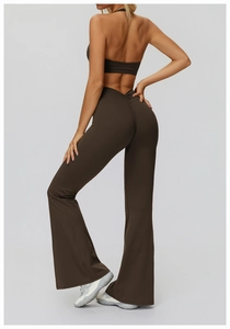 Detail of high waist yoga flare pants with V-shaped ruching for butt lifting effect
