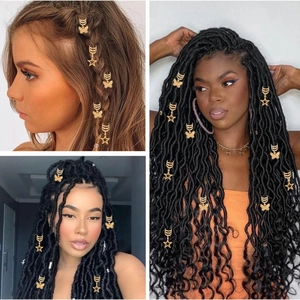 Multiple hairstyles showing golden butterfly and star charms for braids and locs decor