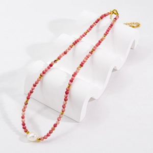 Faceted Rhodochrosite Natural Stone Necklace With Freshwater Pearl Stainless Steel Handmade For Women INS Fashion Jewelry