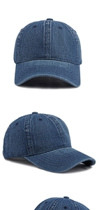 Three-angle views of a deep blue washed denim baseball cap with reinforced stitching detail