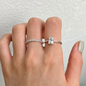 Elegant S925 sterling silver ring set with rectangular zircon and pave band on hand