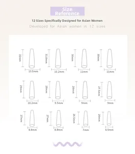 Detailed size chart for long ballerina press-on nails with 12 distinct measurements