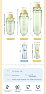 Size comparison chart for clear PC plastic cocktail shakers in 500ml, 700ml, and 1000ml sizes