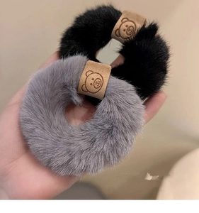 Fluffy plush hair scrunchie with cute bear leather tag, soft winter hair tie for women.
