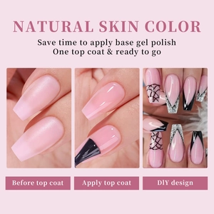 Natural skin pink gel nail polish showing base coat, application, and final DIY art effect