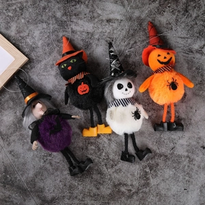 Halloween 4-piece plush hanging set with witch, black cat, skull, and pumpkin decor