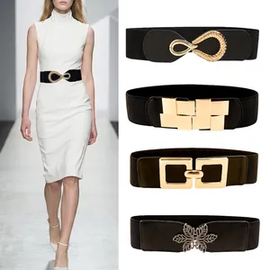 Women Elastic Waist Belt PU Leather Wide Cinch Belt Alloy Geometric Leaf Buckle Fashion Versatile Stretch Waistband For Dresses