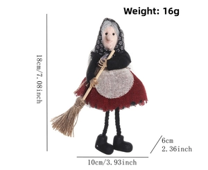 Detail of a handmade red burlap witch doll with a broom and precise size measurements