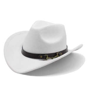 Classic white wool felt cowboy hat with a brown leather belt and gold horsebit buckle