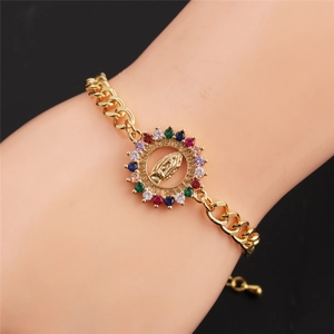 Gold-plated Cuban chain bracelet with Virgin Mary pendant and colorful zirconia stones