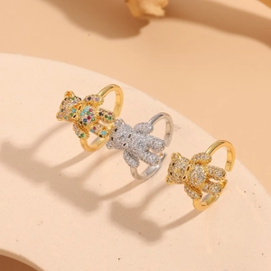 Sparkling zircon teddy bear open rings in gold and silver finishes with colorful stones