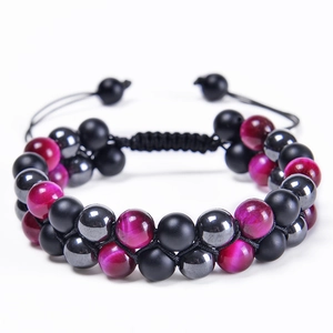 Double Layer Beaded Bracelet Natural Tiger Eye Stone Hematite Matte Agate Adjustable Braided Cord Unisex Fashion