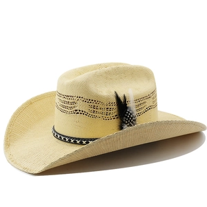 Detailed close-up of straw sun hat with woven geometric band and feather accent
