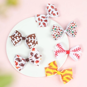 Set of 6 sports themed ribbon bow hair clips featuring football, baseball and basketball