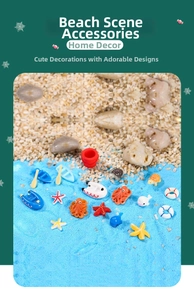 Detail view of resin beach theme miniatures with starfish, boats, and sea animals
