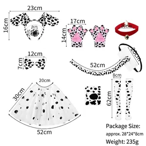 Detailed size guide for Dalmatian costume set including headband skirt and gloves