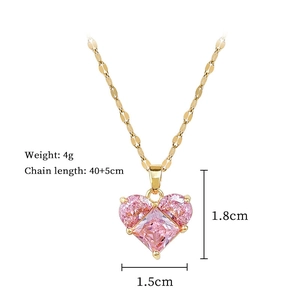 Pink heart pendant necklace with gold chain dimensions 1.5cm by 1.8cm on white background