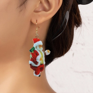 Christmas Santa Claus acrylic drop earrings with red suit and green gift bag detail