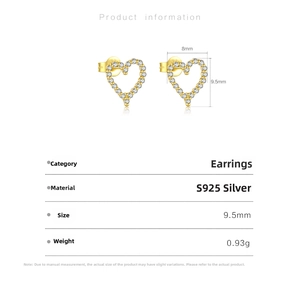 Detailed size specifications for gold plated S925 sterling silver hollow heart earrings