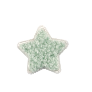 Mint green chenille star patch with soft sherpa texture and white embroidered edges