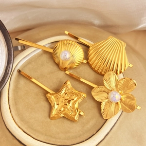 Vintage Gold Stainless Steel Alloy Shell Star Flower Hair Clips With Faux Artificial Pearl Summer Beach Hair Jewelry For Women