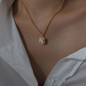 Vintage Titanium Steel Square Pendant Necklace Earrings Gold Plated Geometric Enamel Zirconia Jewelry For Women Party Gift