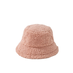 Plush pink faux shearling bucket hat with thick warm fabric for winter fashion