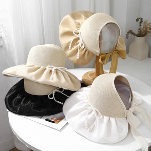 Elegant Women Topless Straw Sun Hat Satin Large Brim Foldable Artificial Pearl Bow Ribbon Tie Beach Travel French Style