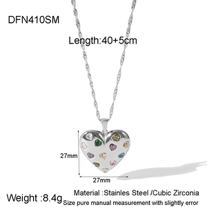 Detail view of silver heart pendant with colorful zircon and 40+5cm steel chain