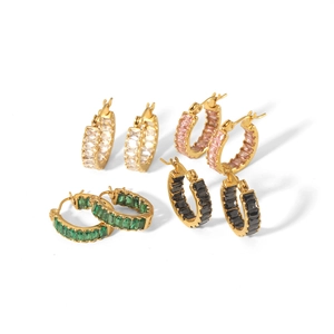 French style 18k gold plated stainless steel hoop earrings with rectangle cubic zirconia