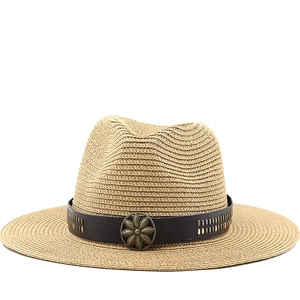 Vintage Stroh Fedora Hut Mit Breiter Krempe Lederband Metall Blumen Schnalle Sonnenschutz Sommer Strand Jazz Reisen