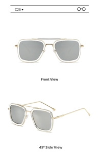 Detailed front and side view of gold frame aviator sunglasses with silver mirror lenses